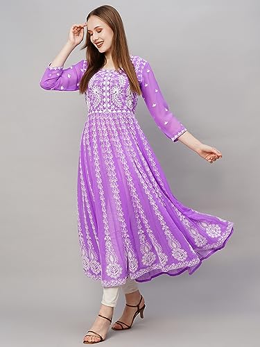 Image of ANNI Designer Women's Georgette Regular Fit Chikankari Embroidered Anarkali Kurti