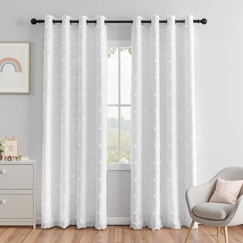 Image of MEETSKY 100% Blackout Curtains for Bedroom,50x84 Inch Pom Pom White Curtain