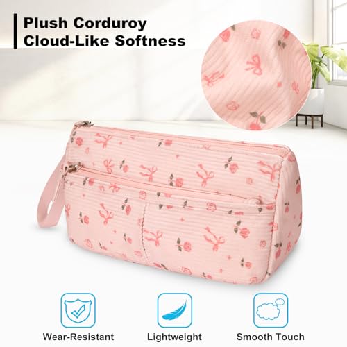 Image of FINPAC Pencil Case, Corduroy Triangle Makeup Bag, Kawaii Pen Bag Pouch Holder Box Organize for Study, Office, or Travel (Pink Rose Bow)