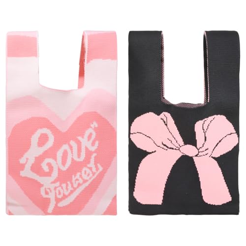 yueton 2 Pack Cute Wristlet Handbag Pink Bow Wrist Bag Adorable Crochet Purse Stylish Mini Tote Bag Black Knit Purse for Women