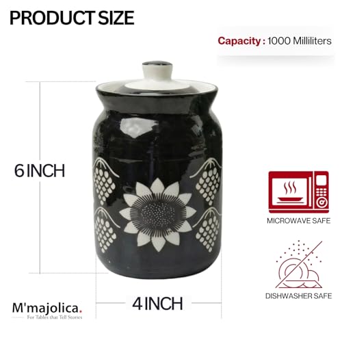 Image of Black Grapes Printed Ceramic Handglazed Pickle Jars Set of 1-1000 ML Each | 1 kg Achaar Martban Barni Jar with Lid | Ceramic Storage Jar Container Pickle, Chatney
