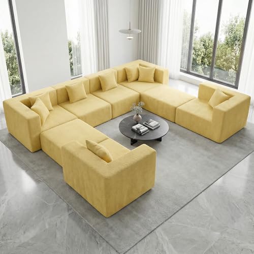 Image of MONVANE Modular Sectional Sofa, Oversized 8 Seat Convertible U Shaped Couch with Ottoman, Comfy Teddy Velvet Cloud Couch with Deep Seat, Sectional Couches for Living Room, No Assembly Required, Yellow