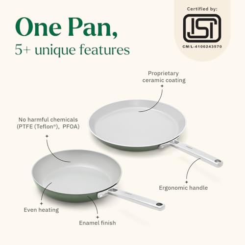 Image of Ember Cookware Arcilla Ceramic Non Stick Cookware Set of 2 | Induction Cookware | Frying Pan 24cm & Tawa 28cm | ISI Certified | Ceramic Gift Combo Set of 2 | Steel Handle | 5-Year Warranty | Green