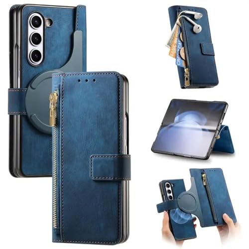 Étui pour Samsung Z Fold 6 bleu en cuir magnétique 2 en 1