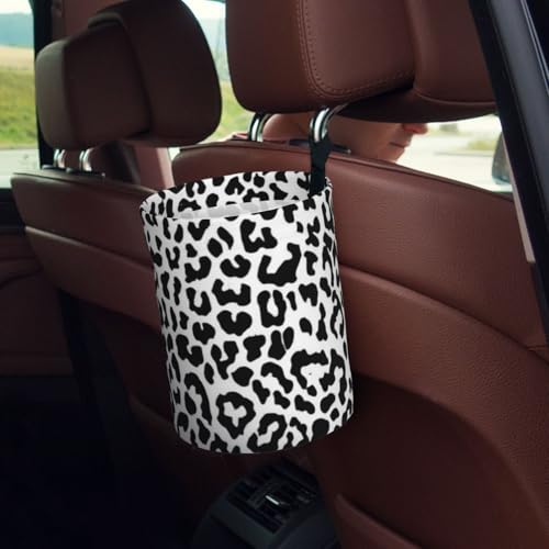 Image of Small Car Trash Can, Black and White Leopard Design Hanging Foldable Car Trash Bag, Waterproof Leakproof Garbage Bin, Car Interior Organizer Accessories