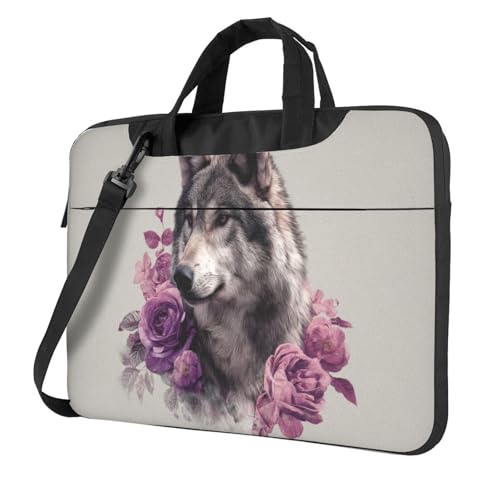 Housse ordinateur 15.6 pouces loup et roses avec protection rembourrée antichoc