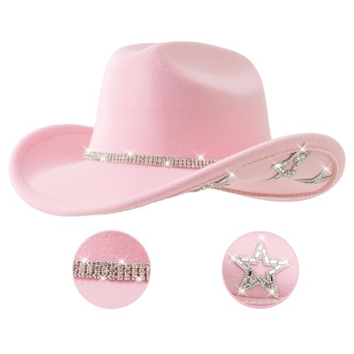 Jastore Kids Girls Boys Bling Rhinestone Western Cowgirl Hat Sparkly Star Disco Cowboy Hat (US Age 5 Years 10 Years Light Pink)