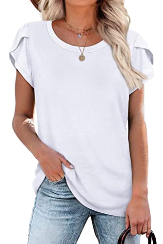 Womens Tops Dressy Casual Summer Short Sleeve Blouses Round Neck White Xxl #TOP12