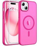 FNTCASE for iPhone 15 Case: for iPhone 14 Case & iPhone 13 Case [Compatible with Magsafe] Translucent Matte Cases with [Screen Protector] Military Grade Shockproof Protective Phone Cover - Hot Pink