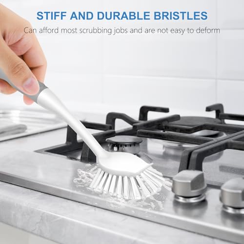Image of SetSail Dish Brush with Handle, 3 Pack Stiff Bristles Dish Scrubber with Built-in Scraper Dish Scrub Brushes for Cleaning Dishes, Pots and Pans, Kitchen Sink, 3 Pack, Grey White