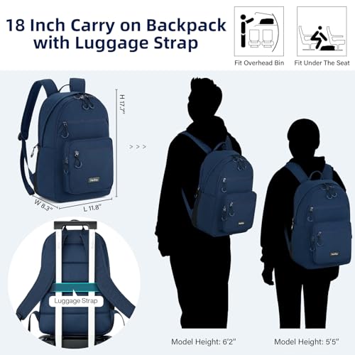 Carry On Travel Backpack For Women, 18 Inch Water Resistant Large Backpack Lightweight Bookbag For Men, 8x14x18 Personal Item Bag Casual Daypack Backpacks For Work Office Commuter (Navy Blue)2