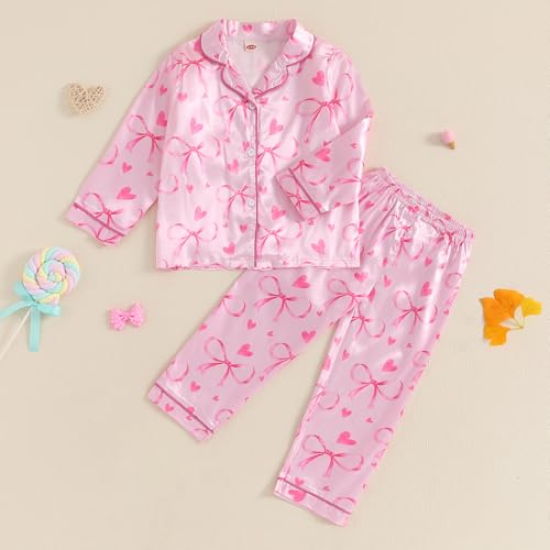 Baby Girls Satin Pajama Set Cute Long Sleeve Lapel Button Up Heart Print Shirt Long Pants Toddler Sleepwear2