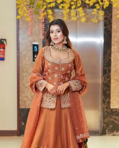 Image of piludi Women's Embroidered Sharara Suit Set | Chanderi Silk Kurta with Dupatta | Wedding & Festive | Ready to Wear Indian Ethnic Outfit