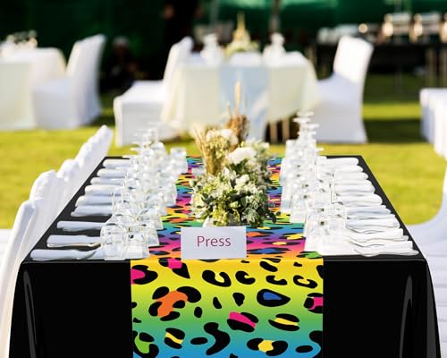 Image of Buryeah Leopard Print Tablecloth 54 x 108'' Leopard Plastic Table Cover Disposable Safari Animal Cheetah Print Party Decorations for Baby Shower Wedding Birthday Party Favors (Red Rainbow,6 Pcs)