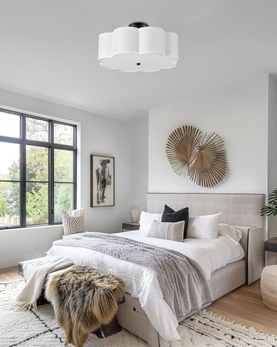 Image of Black Semi Flush Mount Ceiling Lights, 4-Light 18 inch Ceiling Light Fixtures with Fabric Shade in Flower Shape, Farmhouse Drum Lighting for Nursery Bedroom Kitchen, AD-22009-4SF-BK