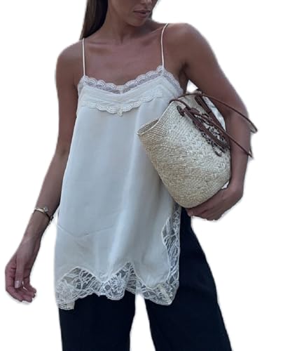 Long Lace Camisole Tops for Women Square Neck Side Split Flowy Tank Top Chiffon Lace Trim Cami Tunic Undershirt (Apricot White, XL)