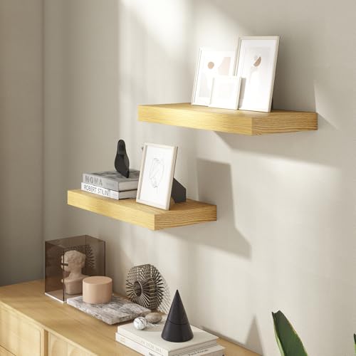 Image of 20 Inch Floating Shelves for Wall, 8 Inch Deep Floating Shelf for Storage & Display, Rustic Wall Mounted Shelf with Invisible Brackets for Living Room, Kitchen, Bathroom, Home Decor, Set of 2, Oak