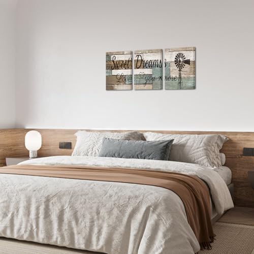 DuoBaorom Sweet Dreams Sign Wall Art Above Bed Love You More Canvas Print for Guest Room Decor Rustic Windmill Wall Decor 12x16x3 Pieces
