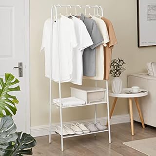 Vivo Technologies Small Clothes Rail Rack with Shelves Coat Rack Organiser Clothes Stand and Rack with Garment Rail with Top Rod for Home Office Hallway Bedroom White 59x34x151cm