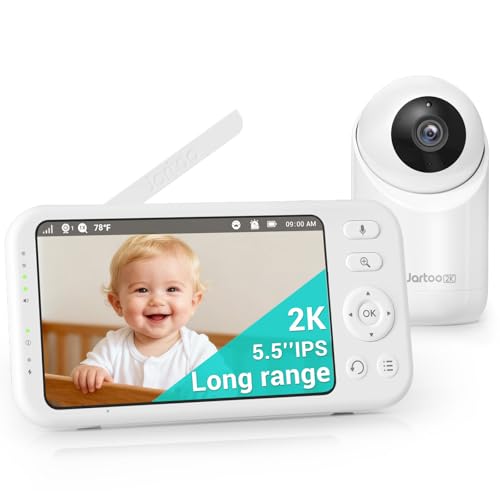 Jartoo 2K 5.5' Video Baby Monitor with Camera and Audio,AI Cry Detect 1860ft Long Range Baby Monitor No WiFi Baby Camera Wireless,Clear Night Vision,ANC, 2-Way Talk,White Noise,6000mAh [2025 New]