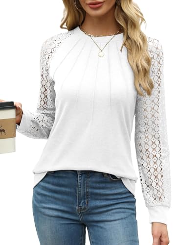Aokosor Womens Tops Ladies Tops Lace Long Sleeve Crew Neck Pleated Shirt Long Sleeve Tops Women