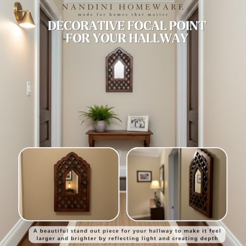 Image of Nandni Homeware Handcrafted Traditional Brown Mughal MDF Wooden Mirror Jharokha Wall Art | Boho Vintage Style Decorative Wall Hanging for Living Room, Bedroom & Home Interiors (Brown Mughal)