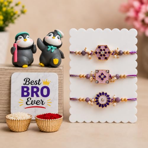 Image of eCraftIndia Designer Rakhi Set of 3 for Brother with Best Bro Ever Fridge Magnet & Cute Penguin Showpieces | Premium Beaded Fancy Rakhi Combo | Raksha Bandhan Gift Set for Bhai