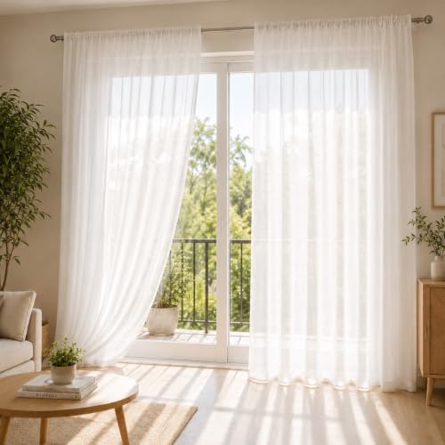 Image of LINENWALAS Aesthetic Sheer Curtains 6 Feet Long Set of 2, Poly Linen Shrink & Fade Proof Drapes for Window, Semi Transparent Modern Panels with Rod Pocket Hanging for Living Room (White /6 Feet)