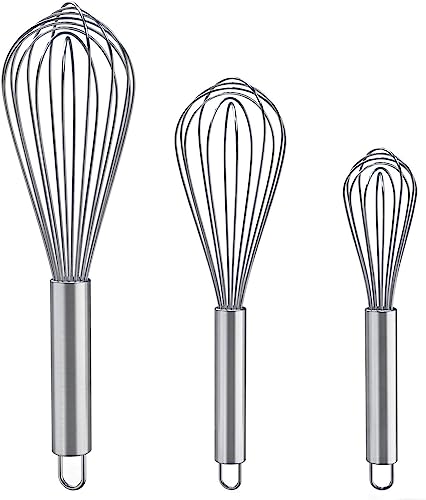 Set of 3Stainless Steel Whisk Set 8/10/12 Kitchen Classic Whisks for Cooking Blending Mixing Stirring Whipping & Beating - Whisking Tool as Frother & Stirrer - Dishwasher Safe
