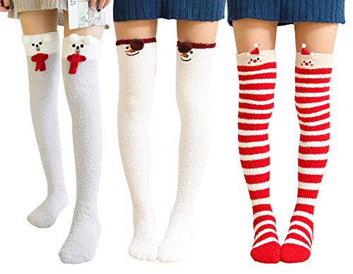 Image of Wander G Womens Over Knee High Fuzzy Socks Cute Cartoon Thigh High Stockings Warm Stripe Leg Warmers