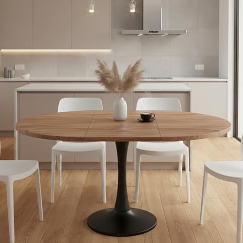Aislinglen Mesa de comedor redonda extensible, 100/140 x 100 x 75 cm, mesa de comedor elíptica, mesa de madera para 2 6 personas, mesa de café para cena, salón, comedor (mesa marrón + patas negras)