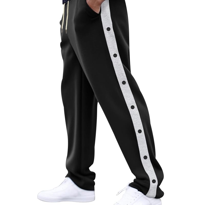 ZOCANIA Mens Casual Pants Side Stripes Button Decor Sweatpants Drawstring Elastic Waist Straight Wide Leg Trousers3