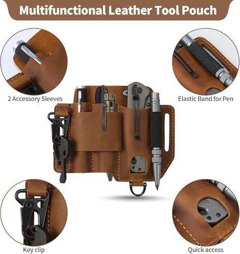 Jack&Chris Genuine Leather Multitool Sheath, Handmade EDC Belt Organizer with Belt Loop for Multi-Tool Flashlight Pen Key Clip, Practical EDC Pouche Great for Work and Daily Use - Thumbnail 4