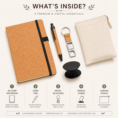 Image of 4 in 1 gift set | Diary Gift Set | Cork Utility Pro Kit with A5 Notebook & 16GB USB Pen Drive | Cork Pen | Keychain & Mobile Stand in Canvas Pouch | Premium Corporate Gift Set | Gift Set for Men and Women