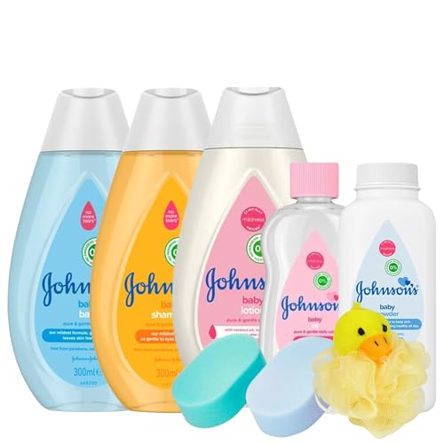 Baby Bath Set Bundle With 5 Piece Johnsons Baby Set, Zen Beauty Baby Sponge Twin Pack & Duck Bath Scrunchie
