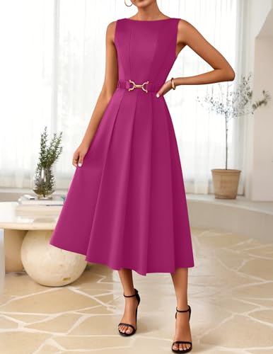 Image of ZESICA Women Summer Sleeveless Midi Dresses 2026 Elegant Boat Neck A Line Tie Waist Spring Cocktail Party Dress