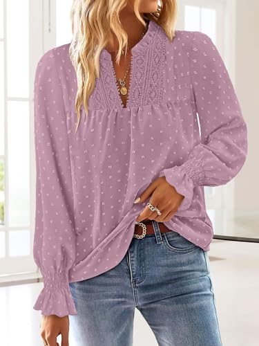 BETTE BOUTIK Women Boho Long Sleeve Shirts Dressy Casual V Neck Fall Fashion Tops Swiss Dot Flowy Blouses