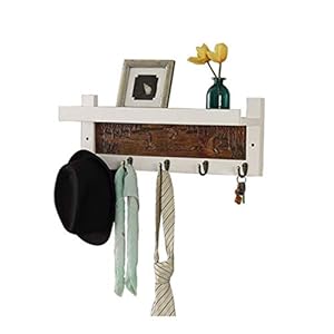 HJW Praktische opbergrek Rustieke Entryway Plank met Haken Drijvende Plank, Metalen Houten Wandhouder Opbergrek voor Fotolijst Plant Pot Kleding Hoed Display 1Huiyang-01020, Wit