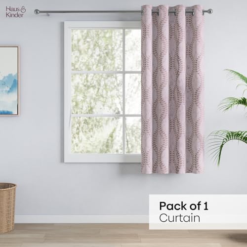 Image of haus & kinder Jacquard Window Curtain 5 Feet Long Pack of 1 Window Curtain, 5 Feet Curtain for Window (Sandvine Embossed, Sand Floral Nature Design 130x152 CM)