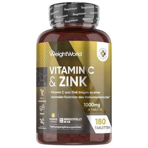 Vitamin C Zink Tabletten - 1000mg - 6 Monate Vorrat - 180 vegane Stück mit Ascorbinsäure & Zinkbisglycinat - Alternative zu Vitamin C Kapseln & Pulver - Täglich 1 Tablette - Vit C von WeightWorld