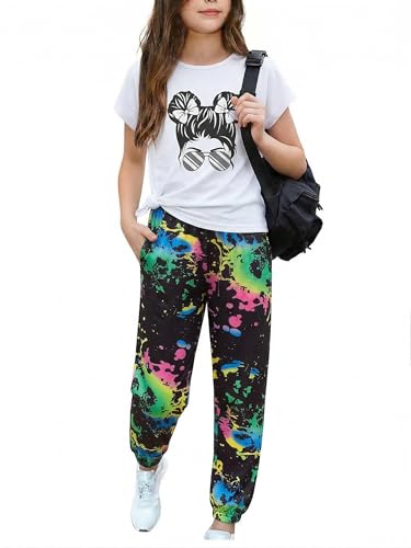Image of Arshiner Girls Clothes 2 Piece Summer Outfits Drop Shoulder Top Pullover Sweatpants Jogger Set Sweatsuits Tracksuits 6-14Y