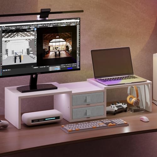 Image of TEAMIX Dual Monitor Stand Riser with 2 Drawers - Length and Angle Adjustable White Monitor Stand with Storage Large Computer Riser for 2 Monitors /Laptop /PC, Wood Screen /TV Stand Desk Organizer