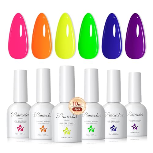 PEACECOLOR Pintauñas Semipermanentes Neón Serie 10ML, 6 Colores Esmaltes Semipermanentes para Uñas Rosa Naranja Amarillo Verde Azul Morado Soak Off UV/LED Nail Polish Nail Art DIY en Casa Manicura