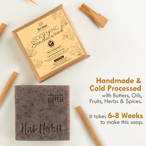 Nat Habit Sandalwood De-Tan Soap |Body Tan Removal Soap for Women & Men | Cold Processed Sandal for Tanning, Skin Brightening & Scar Reduction | Handmade & Anti Tan with Rakt Chandan | 125g x 2
