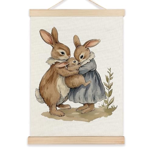 Image of LZYRF Bunny Nursery Wall Art Poster Framed, Rustic Cottagecore Rabbit Kids Decor Family Prints Canvas Prints Wall Decor for Toddler Kids Girls Bedroom Dorm Nursery Playroom, 12x16 Inch