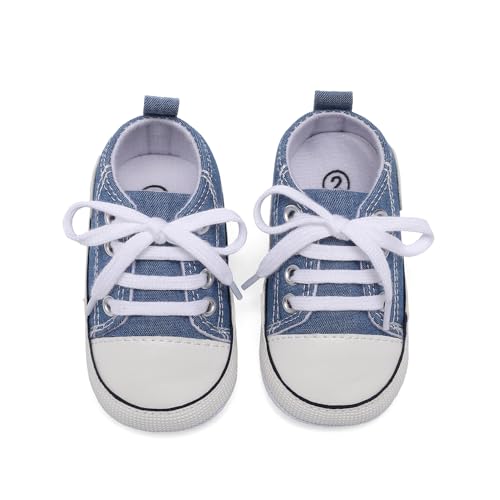 Image of Unisex Baby Boys Girls Shoes, Newborn Infant Non-Slip Canvas Denim High Top Sneakers, Toddler First Walkers Shoes