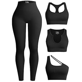 OQQ Womens 4 Piece Workout Outfits Ribbed Yoga High Waist Leggings with 3 Piece Crop Tops with Sports Bra Exercise Set