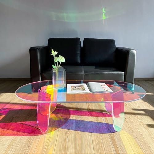 BotaBay Acrylic Coffee Table Iridescent Side Table Clear Coffee Table W/Coasters 5PCS