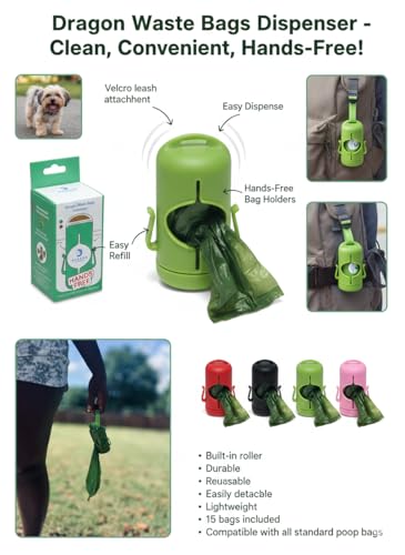 Image of DRAGON Waste Bags Durable Dispenser, Dog poop bags holder with Two Hooks on the side for Used Poop Bags, leash attachment strap and 15 Poop Bags (Green)