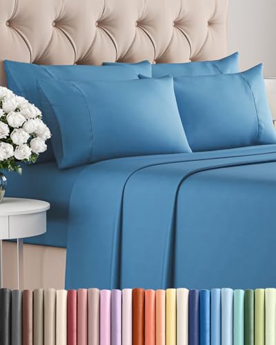 Image of King 6 Piece Bed Sheet Set - Soft, Breathable & Cooling Sheets - Denim Blue | Ultra Soft Hotel Luxury Bedding Set w / 8-16 Inch Deep Pockets - 1 Flat & 1 Fitted Sheet & 4 Pillowcases - Wrinkle & Fade Free